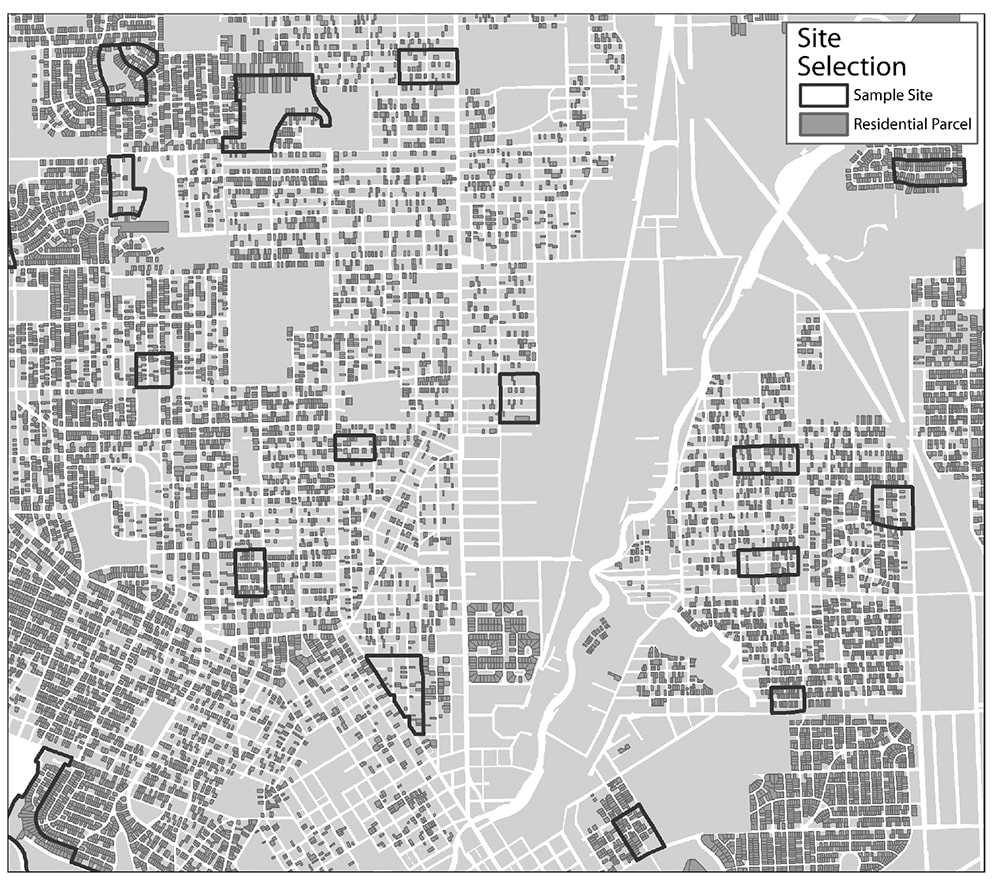 Using geographic information systems for sampling. As shown here, housing data, roads, and neighborhood information can be used to develop a sampling plan when conducting fieldwork.