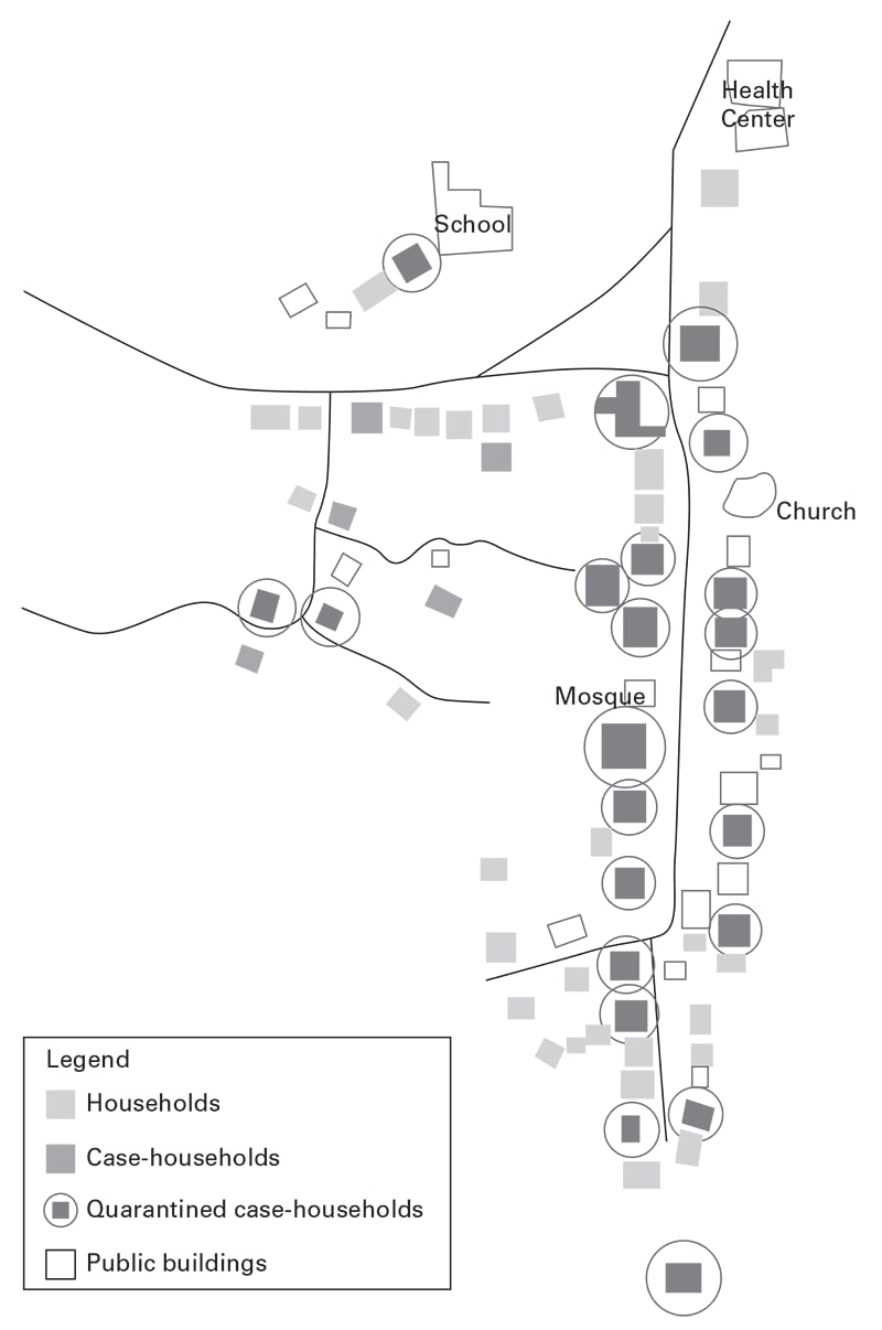 Figure 3.1 Spot map of residents on the ninth floor of the Metropole Hotel, Hong Kong, February 21, 2003, who had symptoms later identified as severe acute respiratory syndrome.