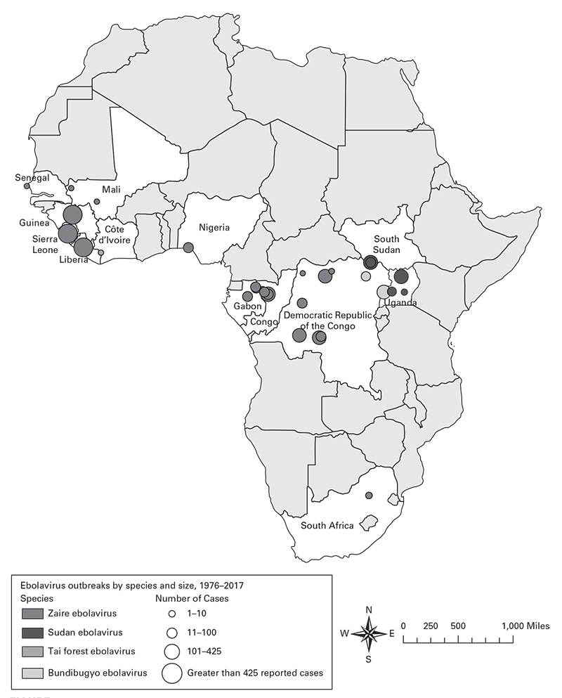 Figure 3.3 Cases of Ebola virus disease, Africa, 1976– 2017. Source: Reference 14.