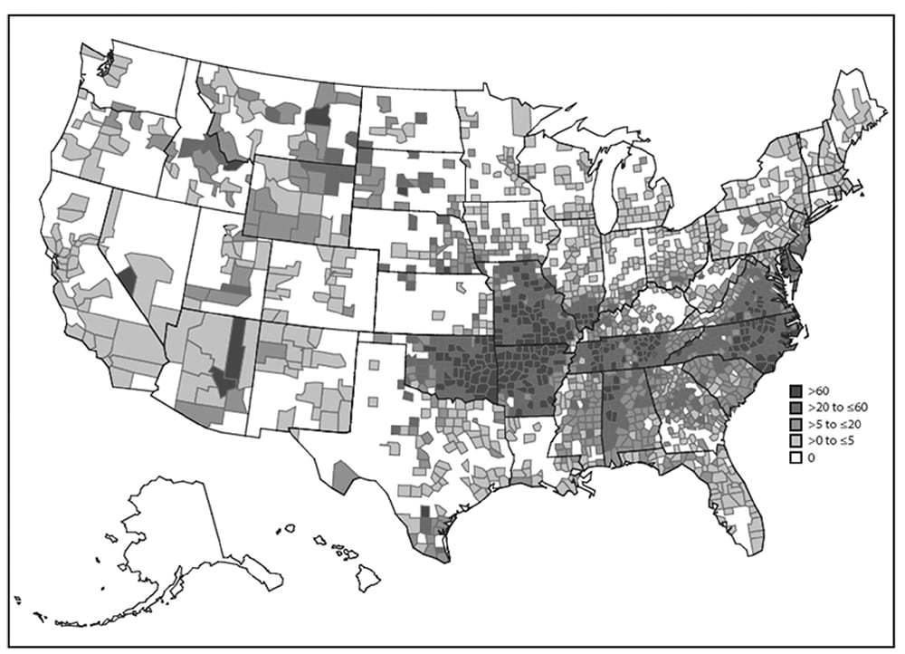 Reported incidence rate of spotted fever rickettsiosis† by county: United States, 2000–2013.