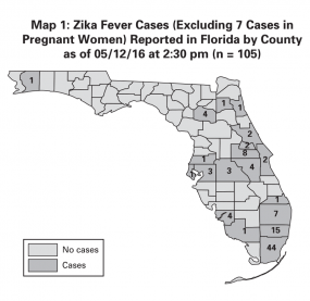 Map of Florida showing counties that reported Zika fever cases as of 05/12/2016 at 2:30 pm