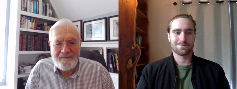 Bill Foege (left image) being interviewed by Max Morrell-Foege (right image).
