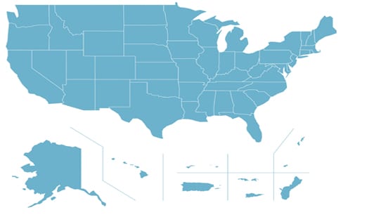 Blue and white map of the United States of America