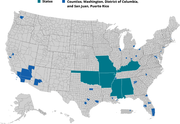 This is a map of the United States showing jurisdictions at the county, territory, and state levels that receive funding from the federal Ending the HIV Epidemic in the U.S. (EHE) initiative.