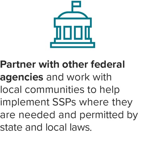 Partner with other federal agencies and working with local communities to help implement SSPs where they are needed and permitted by state and local laws