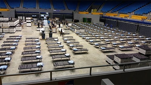 Rows of cots in a disaster shelter