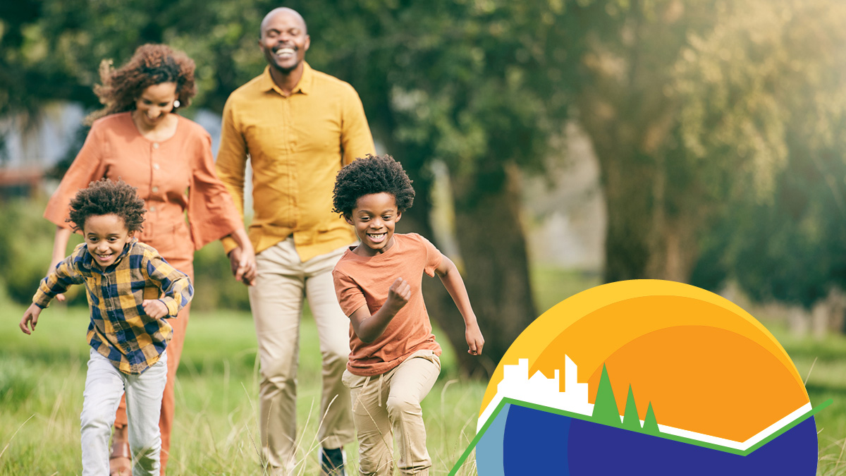 Two children run ahead of their parents while on a walk in nature. CDC's Tracking Program logo is included.