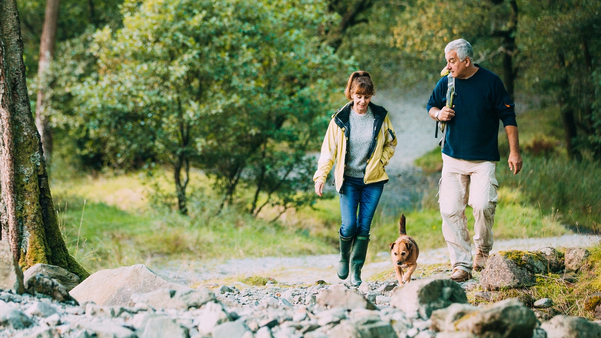 Older couple with dog on a hike in nature