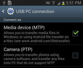 Screen shot illustrating a USB PC connection.
