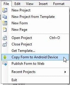 Screen shot illustrating file drop-down menu where user can select copy form to Android device.