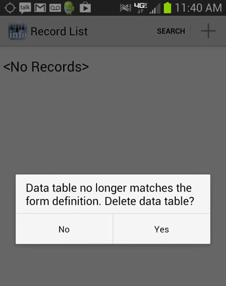 Screen shot illustrating a data table error message. Users will be alerted when data tables do not match form definitions.
