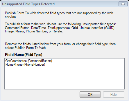 Screen shot of unsupported field types error message.