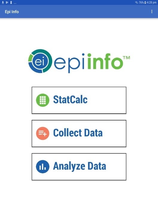 Screen shot demonstrating the Epi Info™ Mobile main menu.