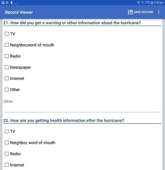 F622CheckboxFields Screen shot of a series of Checkbox fields being displayed on a form for data collection on a mobile device.