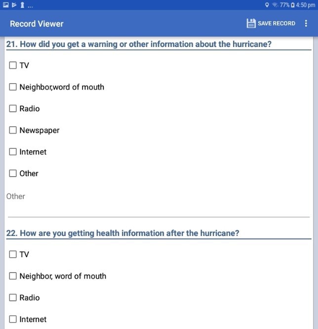 Screen shot of a series of Checkbox fields being displayed on a form for data collection on a mobile device.