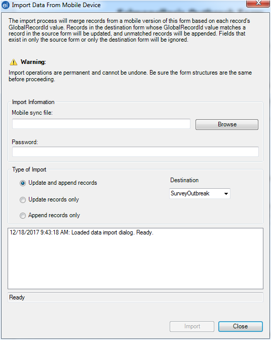 F633ImportSynfFileDialogBox Screen shot of the Import Data from Mobile Device dialog box.