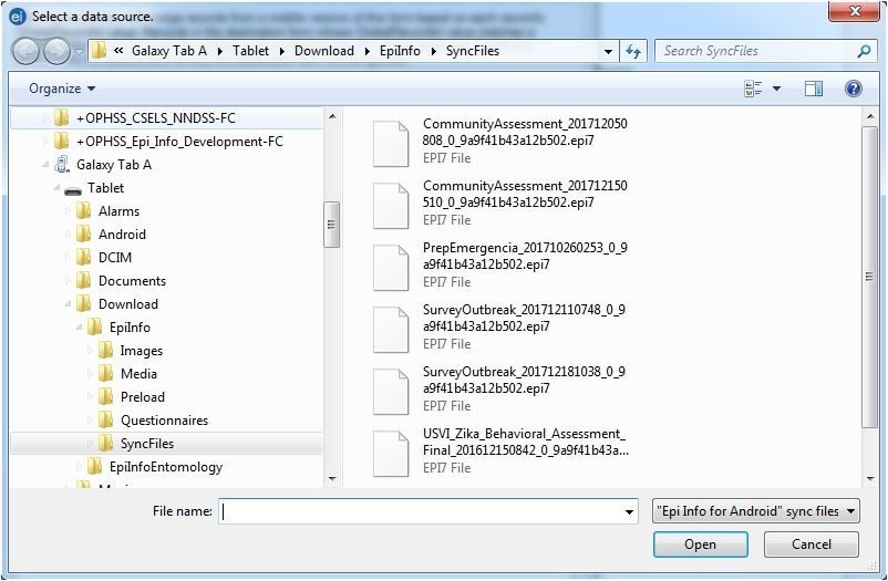 Screen shot of the Select a data source dialog window used for specifying the location of the syncronization file to import into the Epi Info 7 main database.