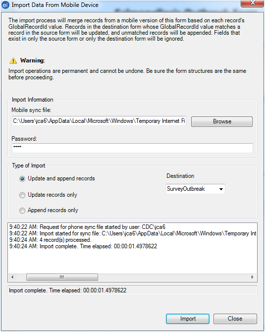 F636ImportProcessCompleted Screen shot of the Import Data from Mobile Device dialog box after the import process has been completed successfully.