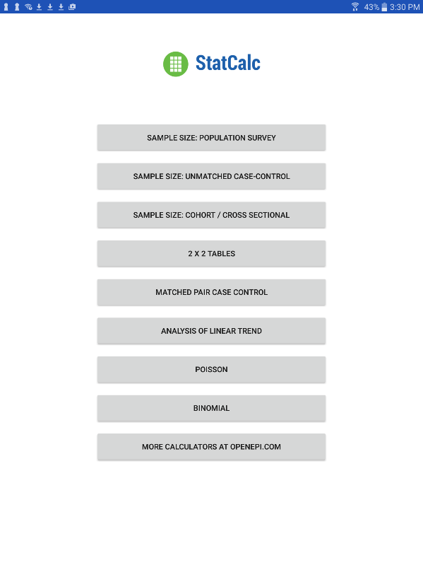 Screen shot of StatCalc main menu