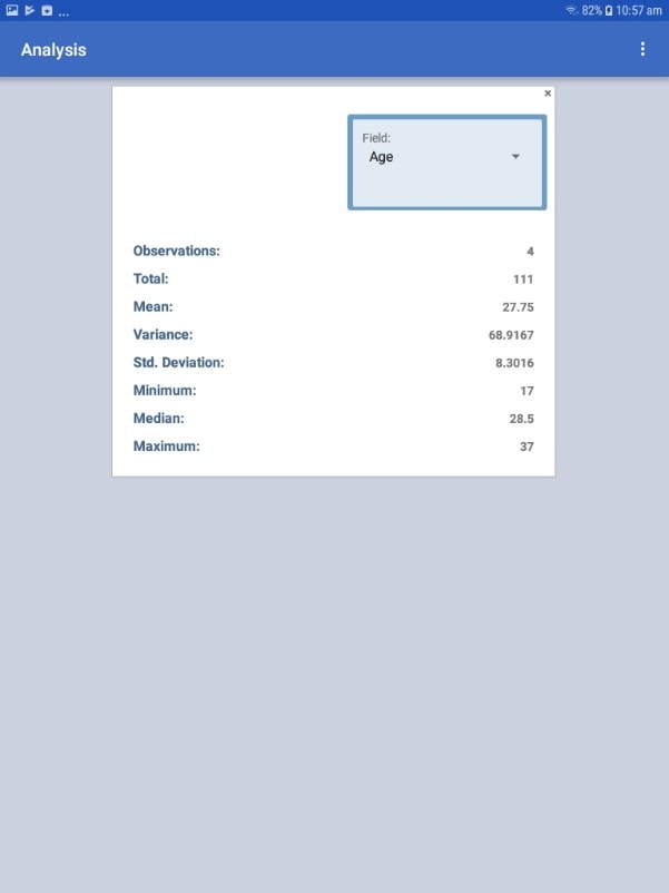 Screen shot of the Means gadget in the Analyze Data module of the mobile application.