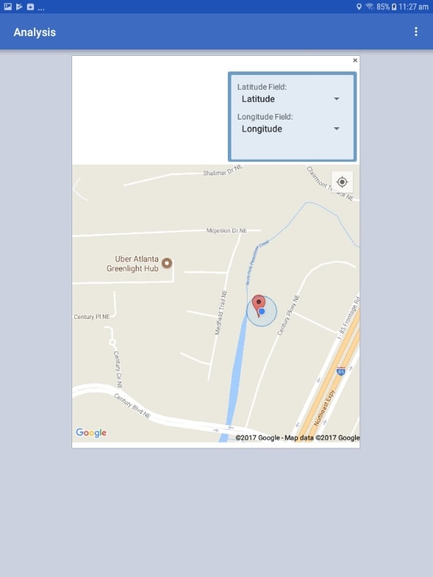Screen shot of the Map gadget in the Analyze Data module of the mobile application.
