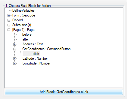 Choose Command tree showing the Click block under the GetCoordinates button
