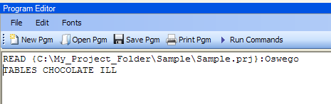Program editor with an example of the TABLES command in use