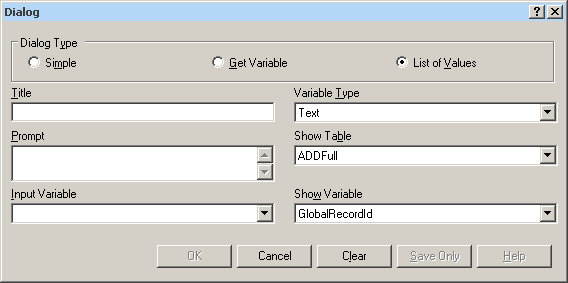 Dialog command List-Of-Values dialog box