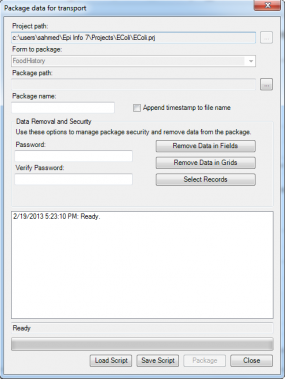 Screen shot of the package data for transport dialog box. The box includes the project file path and the form name. The user can enter the package name and a password, as well as selecting options to remove field data or grid data, or to select records.