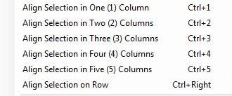 Field align options include options to Align selection in One column, two columns, three columns, four columns, five columns or to align the selection on a row.