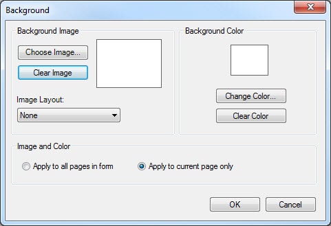 Background settings dialog has options to set a background image or background color. Image and color can be applied to all pages in a form or only to the current page.