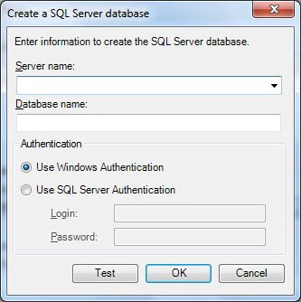 Creating an SQL server database allows the user to choose between Windows or SQL authentication.