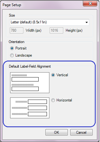 Page Setup dialog with Default Label-Field Alignment circled.