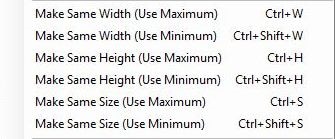 Size configuration options include make same width use maximum or use minimum, make same height use Maximum or use minimum, and make same size use maximum or use minimum.