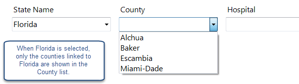 Image showing the County codes field filtered to show only the counties for the selected State Name. When Florida is selected in the State Name field, only the counties linked to Florida are shown in the County list.