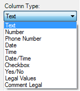 Image showing the available field types for grid columns.