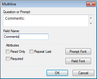 Image showing the Multiline Field Definition Dialog box.