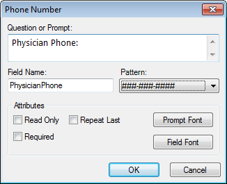 Image showing the Phone Number Field Definition Dialog box.