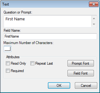Image showing the Text Field Definition Dialog box.