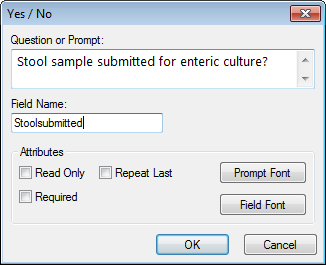 Image showing the Yes-No Field Definition Dialog box.
