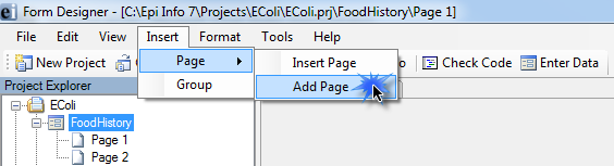 Another way to add a page is from the menu bar, click Insert, then Page, then Add Page.