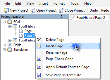 In the Project Explorer, right click the page you want to follow the inserted page. Select Insert Page.