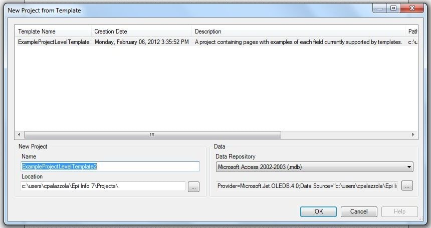 Image showing New Project from Template dialog.