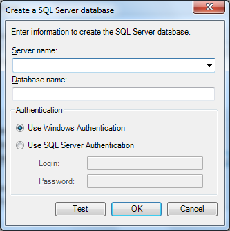 Image of the Create a SQL Server database dialog.