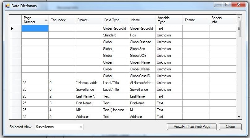 Data dictionary appears as a spreadsheet with columns for Page Number, Tab Index, Prompt, Field Type, Name, Variable Type, Format, and Special Information.