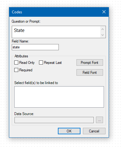 Image showing the Codes Field Data Source Dialog box.