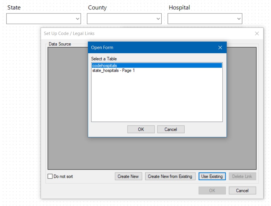 Image showing the Set Up Code - Legal Links and the Open Form -Select a Table dialog with the table "codehospital" selected.