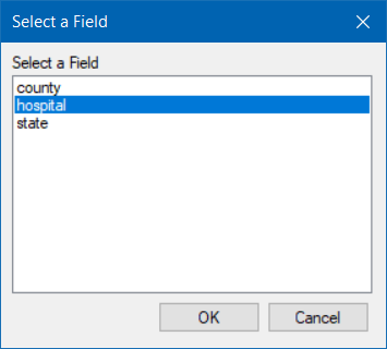 Image showing the Select a Field dialog with the field "hospital" selected.
