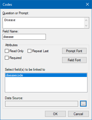 Image showing the Codes Field Data Source Dialog box.