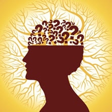 graphic shows the silhouette of a person's head and neck, with question marks at the top of the head.